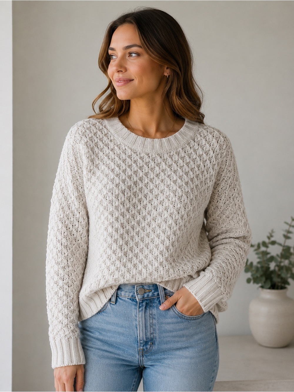 A New Day Cream Textured Knit Sweater Women’s Medium Cozy Chunky Pullover